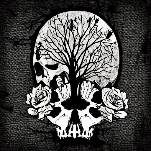 Image similar to dark death metal themed vector illustration for a record label, trees. forest, spikes, skull, microphone, skull, award winning, grunge, iconic, golden ratio