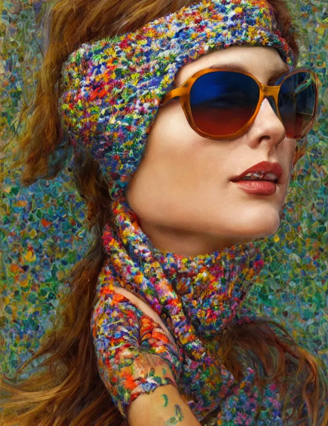 Prompt: close - up portrait of a beautiful woman wearing sunglasses and a balaclava with colourful intricate psychodelic patterns - key lighting, soft lights, foggy, by steve hanks, by lisa yuskavage, by serov valentin, by tarkovsky, 8 k render, detailed, oil on canvas