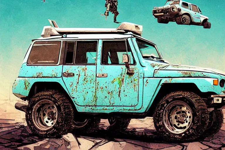 Image similar to digital illustration of a futuristic faded cyan mad max's fj 4 0 decrepit!!!! pursuit special, rusty!!! cyberpunk nissan fj cruiser heavily modded 1 9 9 0 s, the last v 8 interceptor by makoto shinkai, ilya kuvshinov, lois van baarle, rossdraws, basquiat