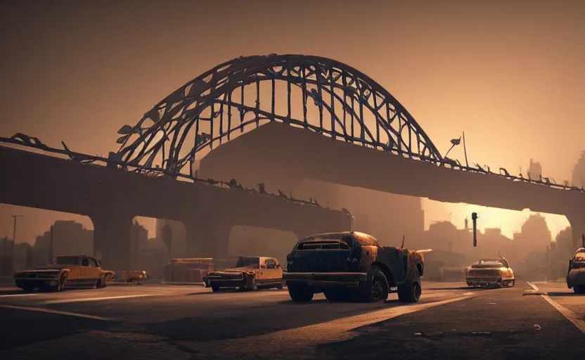 Image similar to explosions in the form of realistic cotton plants cover harbour bridge, smooth, sharp focus, highly detailed, 3 d octane render, epic lighting, dark atmosphere, post apocalyptic, rust cars, 8 k, by goro fujita