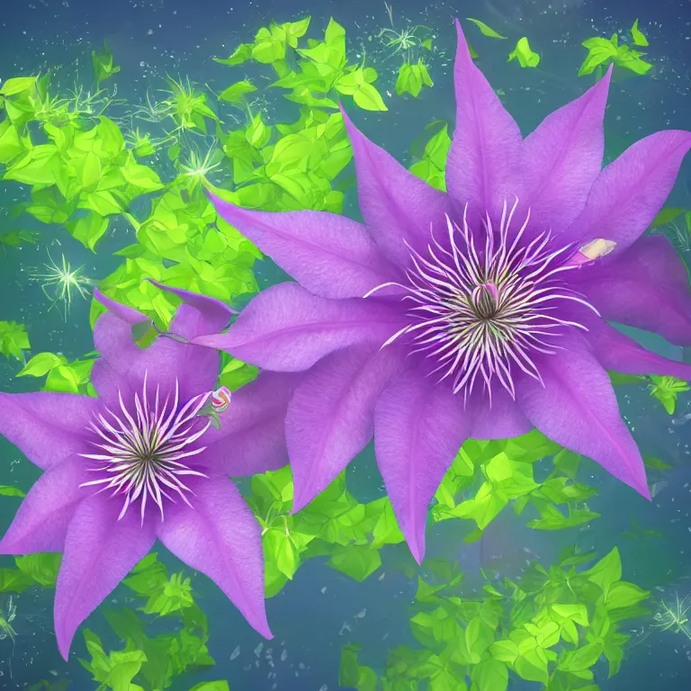 Image similar to clematis theme logo, clematis theme banner, clematis design, clematis in the deep sea, clematis like stars in the sky, trending on artstation, warm light, lovely and cute, fantasy art, 8 k resolution, highly detailed