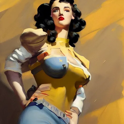 Prompt: greg manchess portrait painting of beauty 1 9 4 0's pinup as overwatch's characters, medium shot, asymmetrical, profile picture, organic painting, sunny day, matte painting, bold shapes, hard edges, street art, trending on artstation, by huang guangjian and gil elvgren and sachin teng