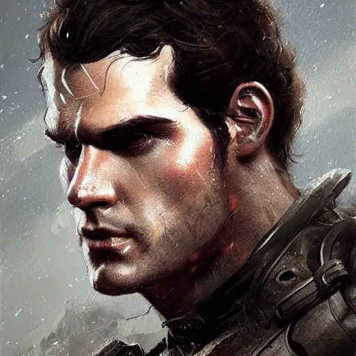 Image similar to portrait of a man by greg rutkowski, he looks like henry cavill, he is wearing a dieselpunk tactical armor gear, highly detailed portrait, digital painting, artstation, concept art, smooth, sharp foccus ilustration, artstation hq