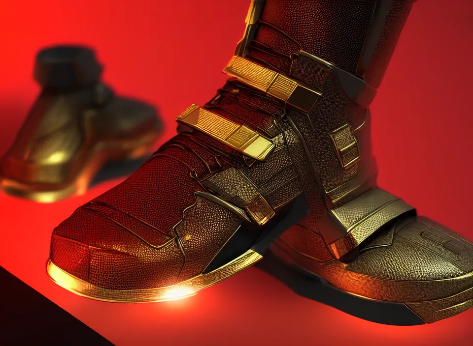 Image similar to realistic 3 d render of a cyberpunk android sneaker, beautiful studio lighting, soft, sharp focus, neon cyberpunk highlights, intricate detail, gold and red metal, soft rubber, textured plastic, octane render, side view, close up, trending on artstation, deviantart, bauhaus