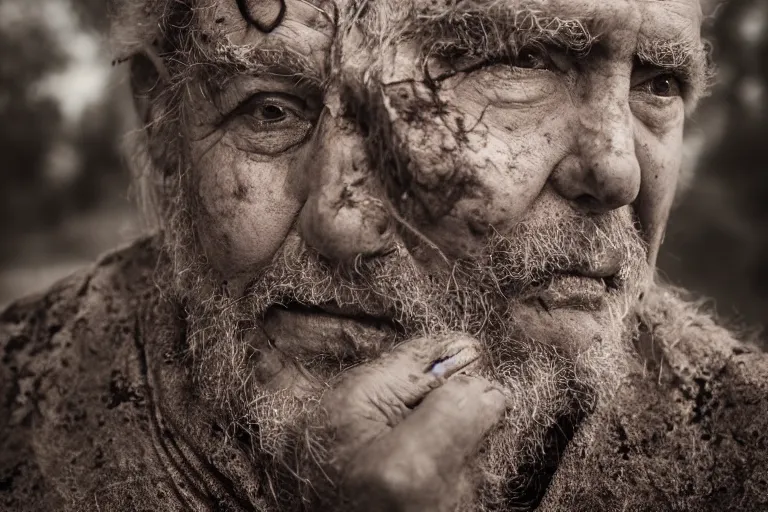 Prompt: character and environment photography, portrait shamanistic infested 8 0 - year - old male druid, messy hair, old tattered robe, medium shot, wide angle, 2 0 0 px, full front, natural light