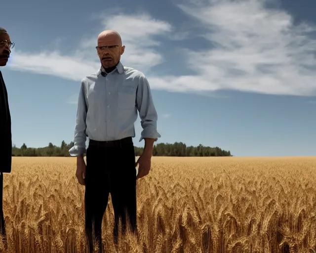 Prompt: extreme long shot of walter white and gustavo fring standing in front of each other from a distance in a wheat field, low angle, side view, 3 5 mm photograph, 8 k resolution, wide shot, sharp lens