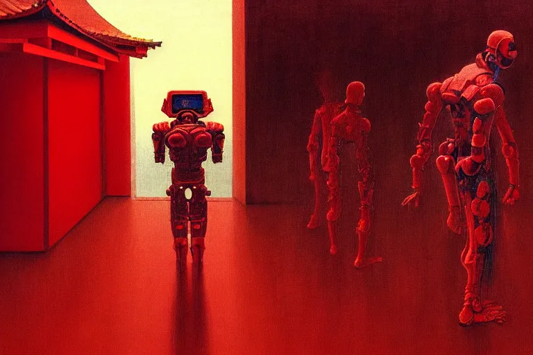 Image similar to only with red, a red cyborg samurai, tokio futuristic in background, some evil yokai, in the style of beksinski, parts by edward hopper, parts by rodcenko, parts by yue minjun, intricate and epic composition, red by caravaggio, insanely quality, highly detailed, masterpiece, red light, artstation, 4 k