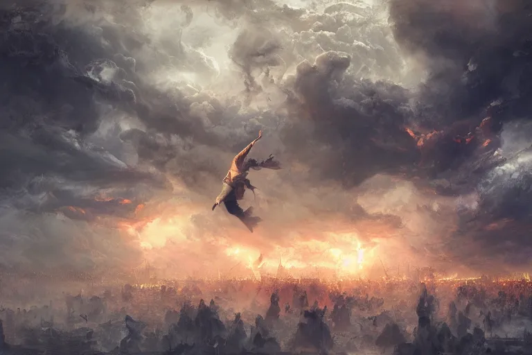 Prompt: Lucifer and his angels falling from heaven, hyper realistic, high detail, dark clouds, lightning, gritty texture, vivid colors, Artstation, Craig Mullins, Ruan Jia