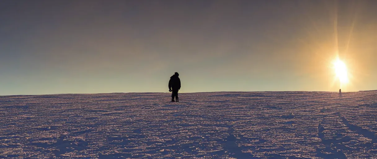 Prompt: a high quality color extreme closeup depth of field creepy hd 4 k film 3 5 mm photograph of the faint barely visible silhouette of a bulky man walking away from a blizzard into a clear desolate snow field with the golden sunset antarctica sky in the distance