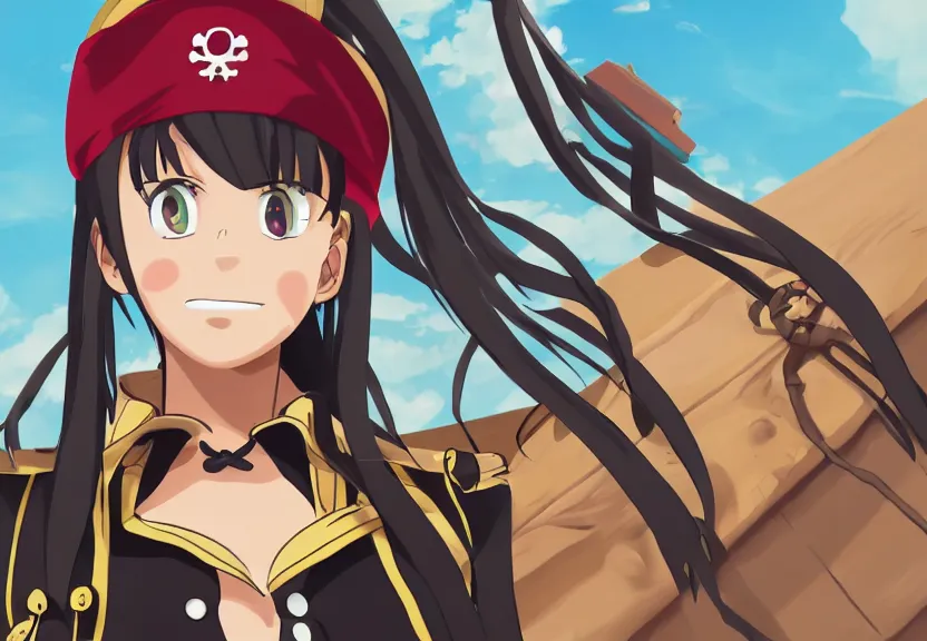 Image similar to wide angle perspective of a female pirate, centered, single subject, a thrifty uniform, somewhat of an anime in pixar style, trending artwork, made with anime painter studio, by pixar and an anime artist, collaboration