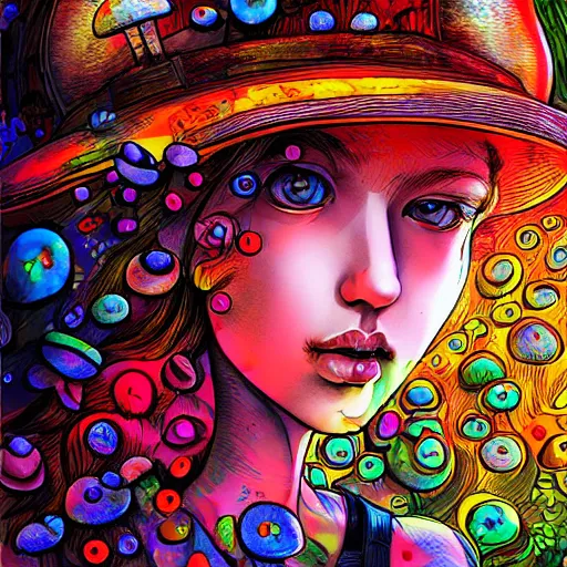 Prompt: girl with mushrooms, expressive digital art, psychedelic, lsd, by yoshitaka amano, by dan mumford, close - up portrait, trending on artstation, 4 k