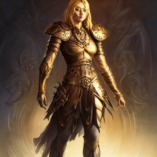 Prompt: beautiful character design of an aasimar wearing leather armor, light skin, golden eyes, d&d, HD, HDR, full body, warm lighting, symmetrical face, intricate design, character concept, subtle vibrancy, pathfinder, by christophe young, charlie bowater