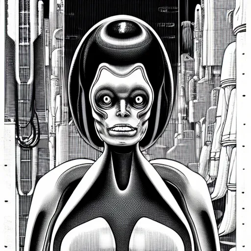 Image similar to portrait turanga leela from futurama in futuristic city, by tsutomu nihei, by h. r. giger