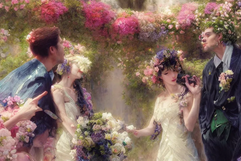 Image similar to the groom look at the bride at a wedding full of flowers, bright and happy, dreamlike art, highly detail, 4 k realistic, wedding photoy krenz cushart, artem demura, yoji shinkawa artgerm, jon lothian, danilo torres. adi meyers. thomas reimann. gaston bussiere.