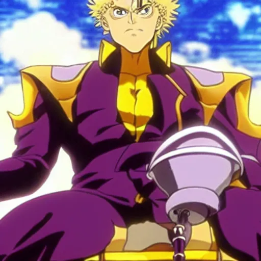 Image similar to dio from jojo's bizarre adventure sitting on a throne, stardust crusaders anime still