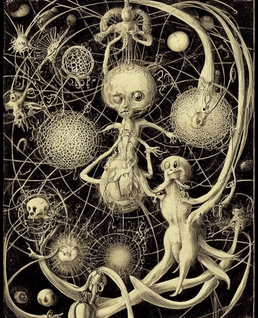 Image similar to whimsical freaky creature sings a unique canto about'as above so below'being ignited by the spirit of haeckel and robert fludd, breakthrough is iminent, glory be to the magic within