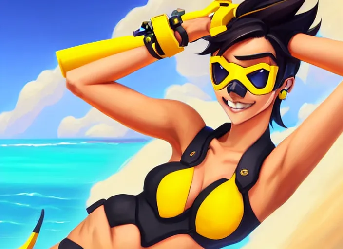 Image similar to style overwatch tracer, a girl with black hair, with a very beautiful symmetrical face, a smile on her face, tanned skin, in a yellow bikini, against the background of a sea beach, in art style, high detail, digital painting