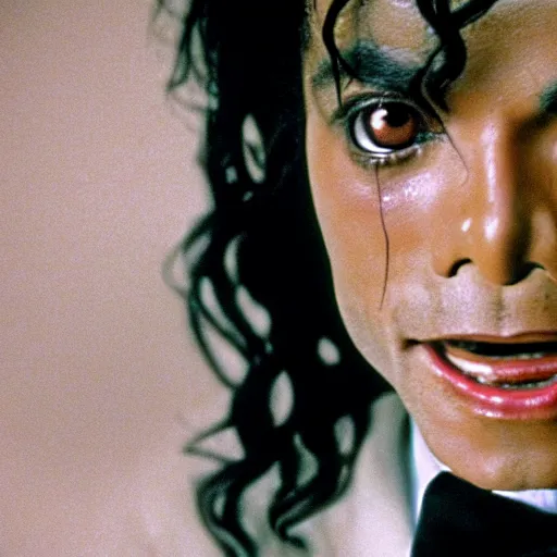 Image similar to a cinematic film still of Michael Jackson starring in The Shining, portrait, 40mm lens, shallow depth of field, close up, split lighting, cinematic