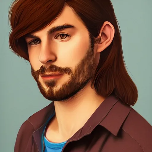 Image similar to a young man with long hair wearing a brown shirt, a character portrait by lydia field emmet, trending on cg society, photorealism, wiccan, handsome, ilya kuvshinov