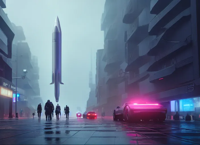Image similar to blade runner 2 0 4 9 city architecture, spacex starship rocket launch, environmental lighting, stromy weather, ray tracing, people walking in street, amazing view, futuristic, highly detailed, editorial, dslr, 2 4 mm, octane render, unreal engine 5, artstation, 4 k