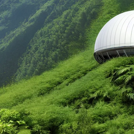 Prompt: vertical farms and white sci - fi dome in a steep sided valley with trees, a sense of hope and optimism, hyper realistic, high res, 4 k, warm light, edouard groult, bynde, kirill leonov