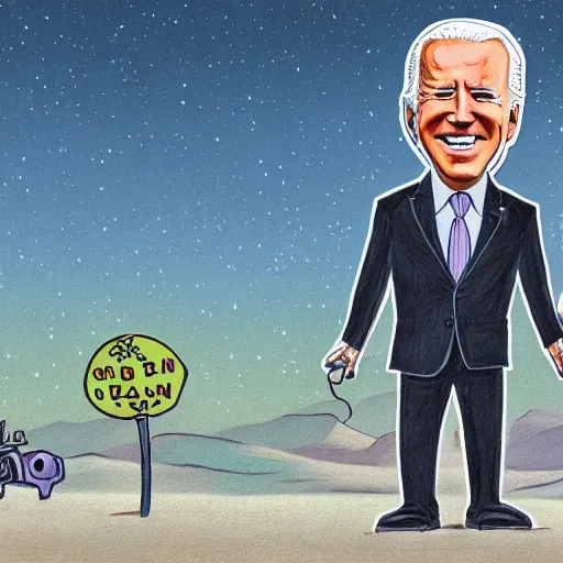Image similar to drawing of Joe Biden , dressed in an alien costume , walking in the desert , in the style of Simon Stalenhag