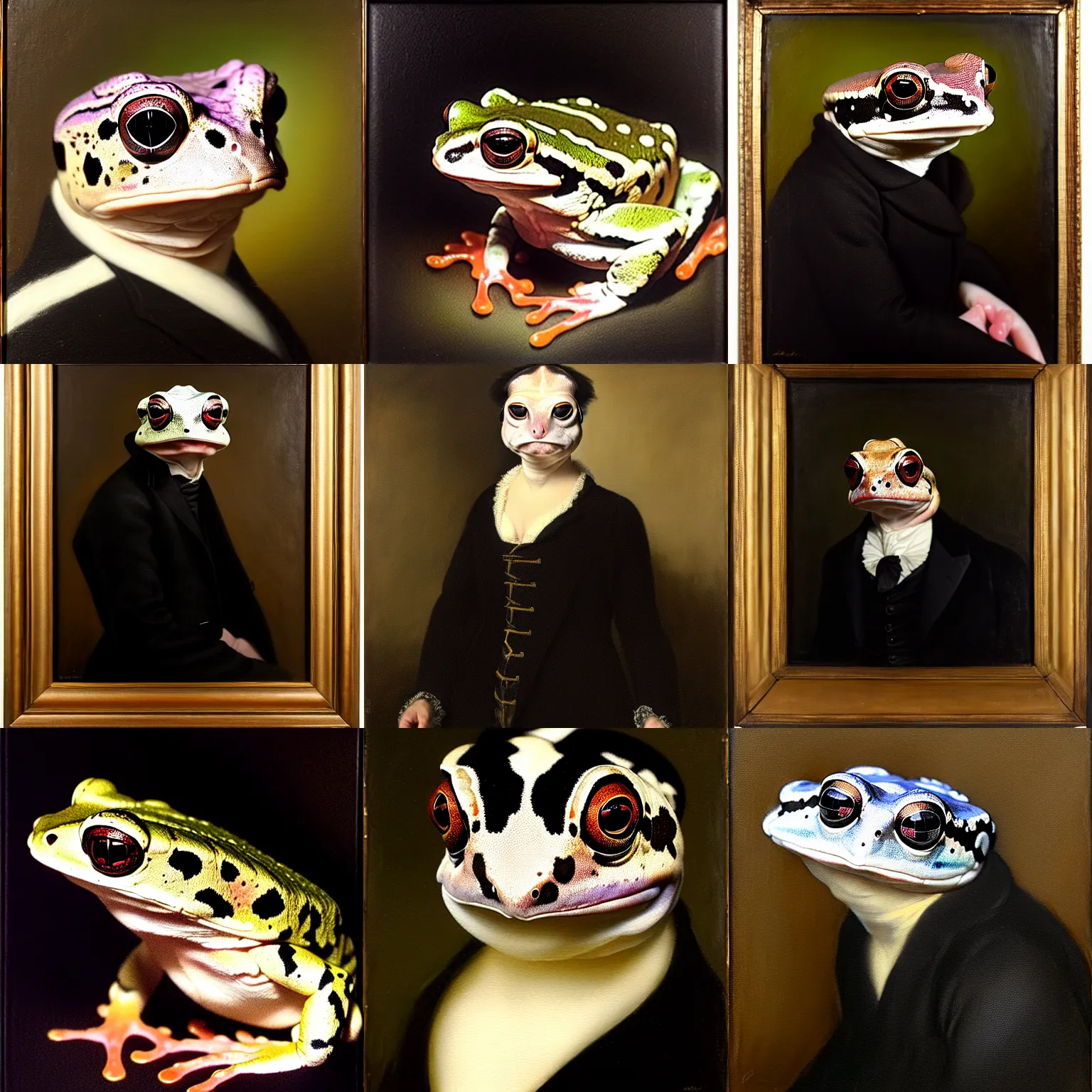 Prompt: a head - and - shoulders portrait of an amazon milk frog with a black frock coat, an american romanticism painting, a portrait painting, cgsociety, soft focus, oil on canvas