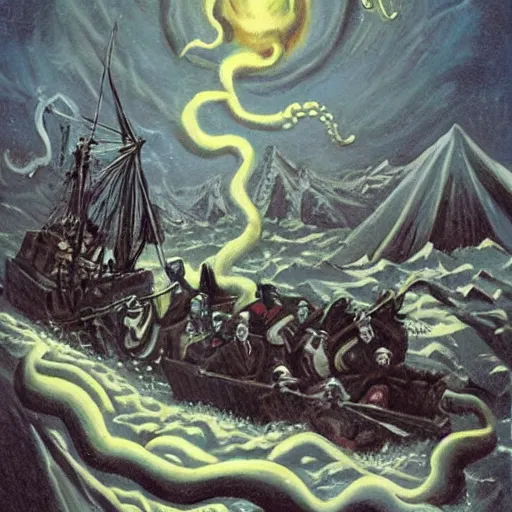 Prompt: lovecraftian monster eating victorian explorers in the arctic. art by everett kinstler.