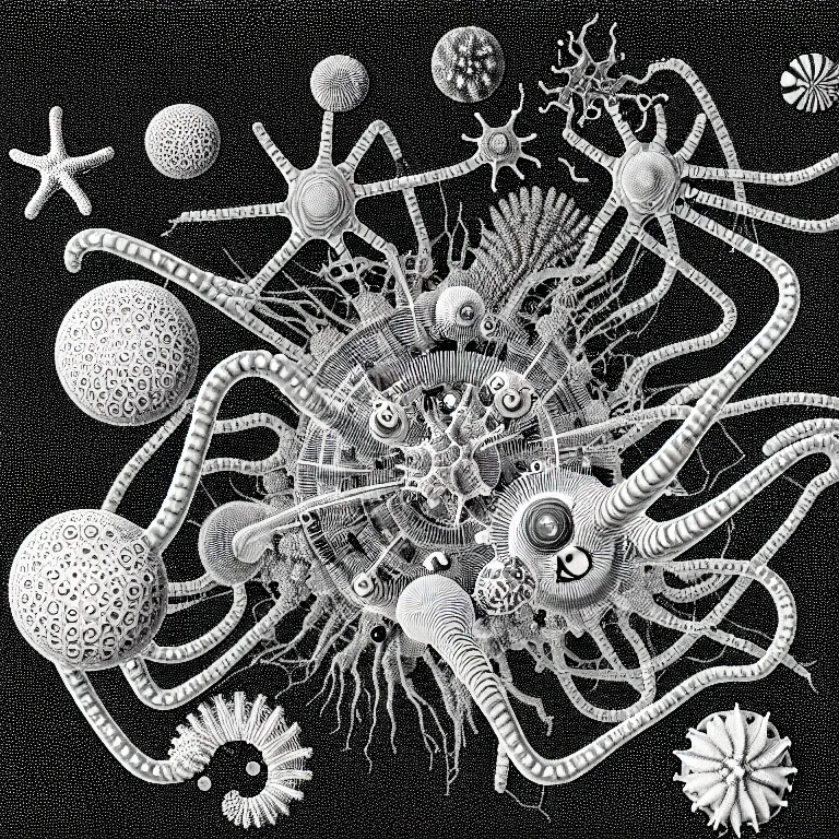 Image similar to a black and white drawing of a variety of sea life and filled with gundam mech equipment space station, a microscopic photo by ernst haeckel, zbrush central, kinetic pointillism, bioluminescence, biomechanical, intricate patterns, photoillustration