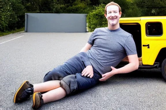 Image similar to a full shot of mark zuckerberg laying on the front of a yellow jeep in someone's driveway