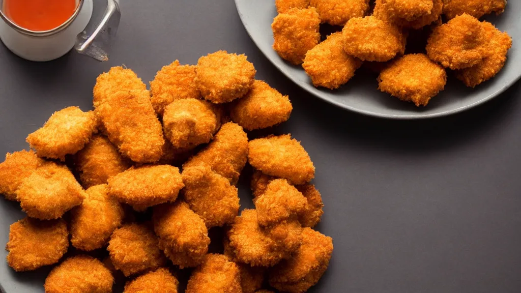 Prompt: A studio photo of a plate of tasty chicken nuggets; the most appetizing photo in the world; trending on artstation; correct perspective; extraordinary masterpiece!!!!!!; 8k