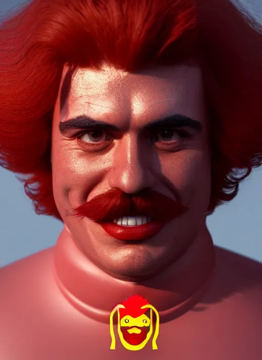 Image similar to portrait of Pedro Sanchez as Ronald McDonald, perfect facial symmetry + dim volumetric lighting, 8k octane beautifully detailed render, post-processing, extremely hyperdetailed, intricate, epic composition, grim yet sparkling atmosphere, cinematic lighting + masterpiece, trending on artstation