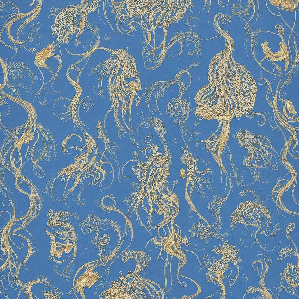 Prompt: blue dress design in the style of rococo ，Victorian era，jellyfish element，Gold lace,dreamy, soft ,Backlight ,luminescence，Aetherpunk,highly detailed,8k