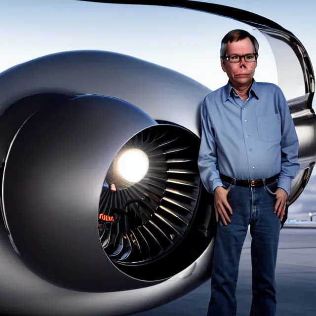 Image similar to a photo of bob lazar standing by honda jet engine car, cinematic lighting, detailed symmetrical face, photorealistic, highly detailed