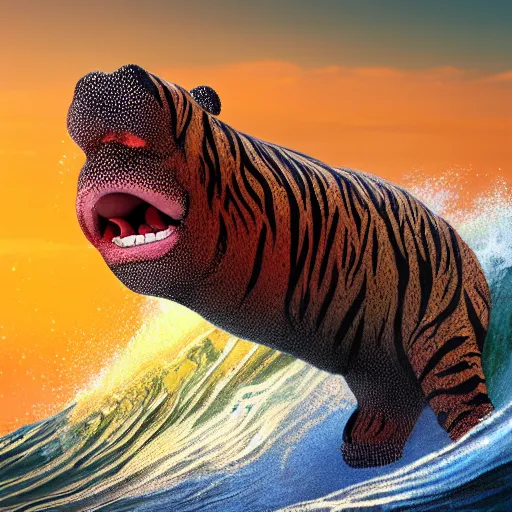 Image similar to a closeup photorealistic photograph of a cute smiling knitted tiger hippopotamus riding a wave at sunset. surf in background. professional capture. brightly lit scene. this 4 k hd image is trending on artstation, featured on behance, well - rendered, extra crisp, features intricate detail, epic composition and the style of unreal engine.