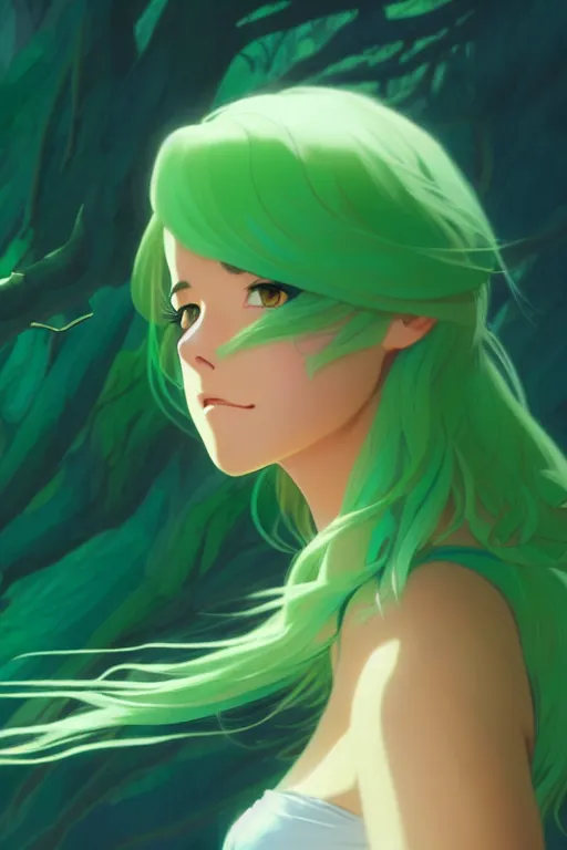 Prompt: animation still frame of an attractive female guardian of the forest ( medium green hair ) in an awesome pose, high angle closeup portrait, blurry background of the library, disney, pixar, bloom, medium shot, dramatic lighting, in the style of studio ghibli, j. c. leyendecker, greg rutkowski, artgerm