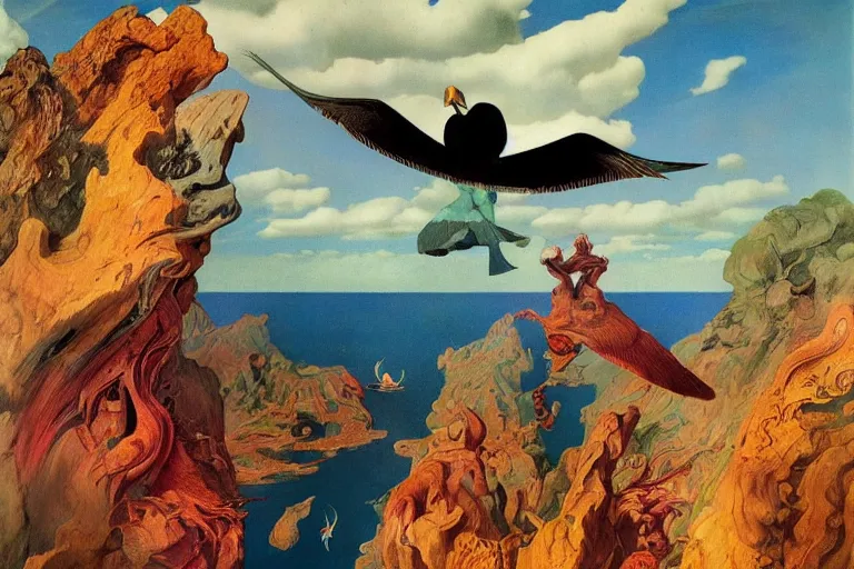 Image similar to fantastical bird flying over a tropical island, fluid, smooth, bright, colours, high contrast, sharpness, very detailed, intricate, by dali, magritte, edvard munch, da vinci, donato giancola, richard corben, zdzisław beksinski, moebius, francis bacon, studio ghibli, mucha and studio disney