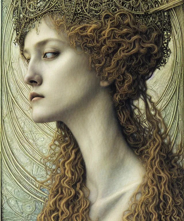 Image similar to detailed realistic beautiful young medieval queen face portrait by jean delville, gustave dore and marco mazzoni, art nouveau, symbolist, visionary, gothic, pre - raphaelite. horizontal symmetry