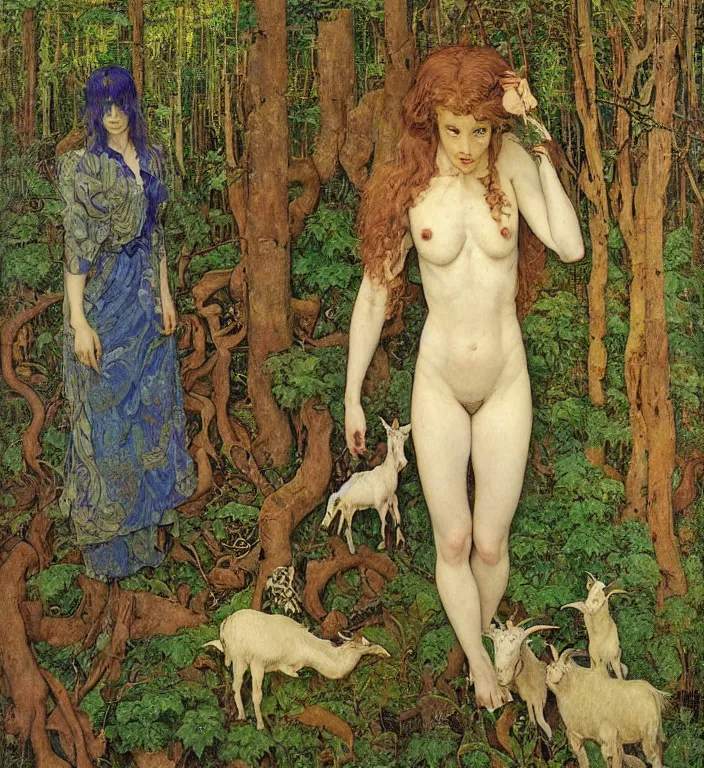 Image similar to pixelated corrupted professional pre-raphaelite photo of a person in the forest with a goat and a robot by Ivan Bilibin, Austin Osman Spare, Norman Rockwell, high quality, ultra detailed. Beksinski painting, part by Adrian Ghenie and Gerhard Richter. art by Takato Yamamoto. masterpiece, oil on canvas painting, pixelart