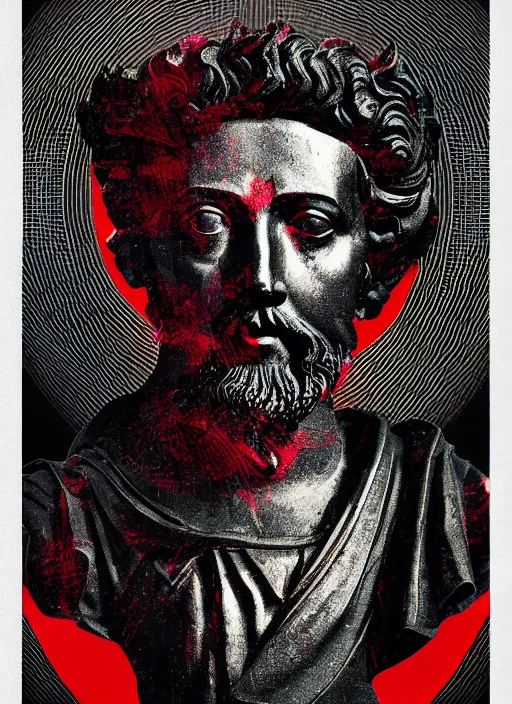 Prompt: design poster showing a statue of marcus aurelius, black background with very subtle red and purple design elements, powerful, nekro, guido crepax, graphic design, collage art, thin lines, dark, glitch art, neo vaporwave, gritty, layout frame, square, trending on artstation