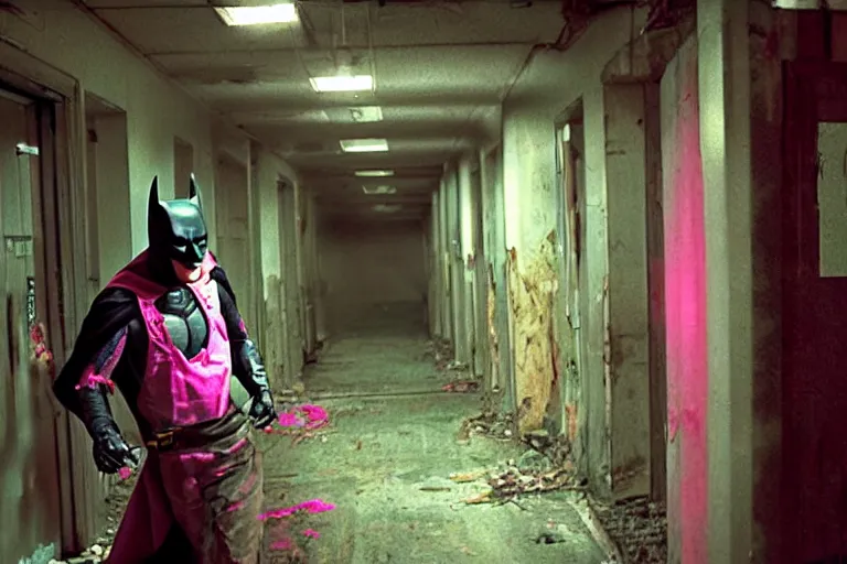 Image similar to michael keaton batman covered in beer wearing pink apron wielding an axe, chasing through old brown decrepit hallway, creepy smile, atmospheric eerie lighting, photorealistic face, dim lighting, bodycam footage, motion blur, photography