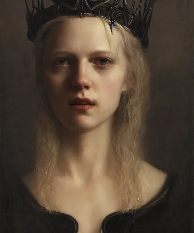 Prompt: the portrait of hunter schafer in black wax crown by roberto ferri, dark fantasy, witcher, very detailed oil painting, masterpiece, 8 k