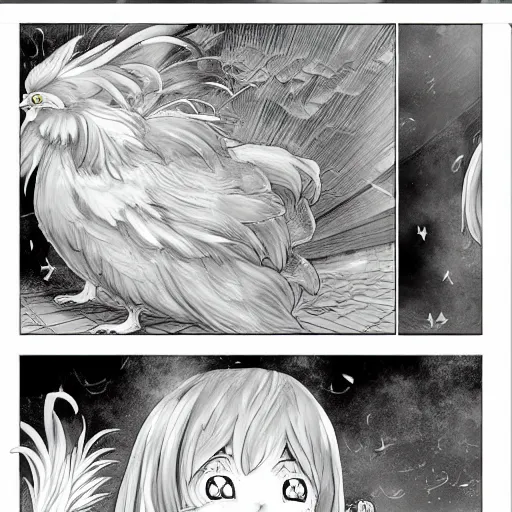 Image similar to a manga page showing ap story involving the thoughts of a cute young lady thinking of a painted Easter egg imagining becoming a chicken imagined by a iridescent rooster imagined by a cat laying half asleep on the windowsill as a mentally ill geek girl reads the cat's thoughts of the iridescent rooster imagining a beautiful painted Easter egg imagining turning into a chicken. cool manga art. 16K. epically surreally epic image. 20 GPU hours spent rendering amazing detail. vivid clarity. ultra shadowing. mind-blowing quality.