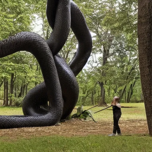 Image similar to A beautiful art installation of a large, looming creature with a long, snake-like body. The creature has many large, sharp teeth, and its eyes glow a eerie green. It is wrapped around a large tree, which is bent and broken under the creature's weight. There is a small figure in the foreground, clutching a sword, which is dwarfed by the size of the creature. Mediterranean, in Japan by James Thomas Watts, by Gerhard Richter somber, sad