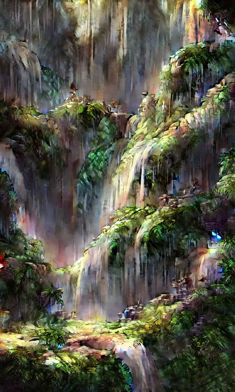 Image similar to beautiful big house waterfall flows down from the mountain, octane render, fabulous, hyper detailed, random cinematic view, no noise, global illumination, warm lighting, volumetric, godrays, vivid, beautiful, by jordan grimmer