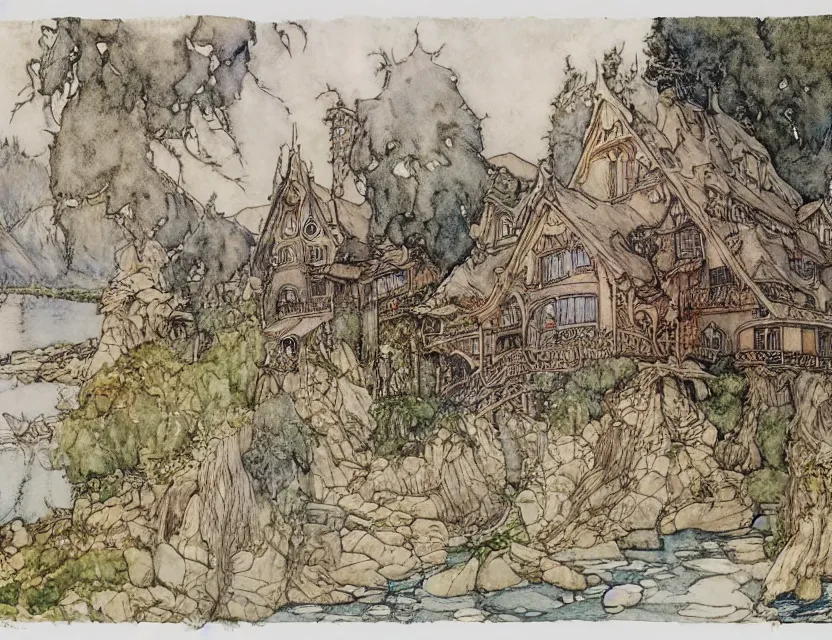 Image similar to a detailed, intricate watercolor and ink illustration with fine lines of the view from the river of an art nouveau swiss chalet, by arthur rackham and edmund dulac and lisbeth zwerger