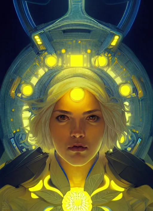 Prompt: symmetry!! portrait of a sunflower, sci - fi, tech wear, blue and yellow glowing lights!! intricate, elegant, highly detailed, digital painting, artstation, concept art, smooth, sharp focus, illustration, art by artgerm and greg rutkowski and alphonse mucha