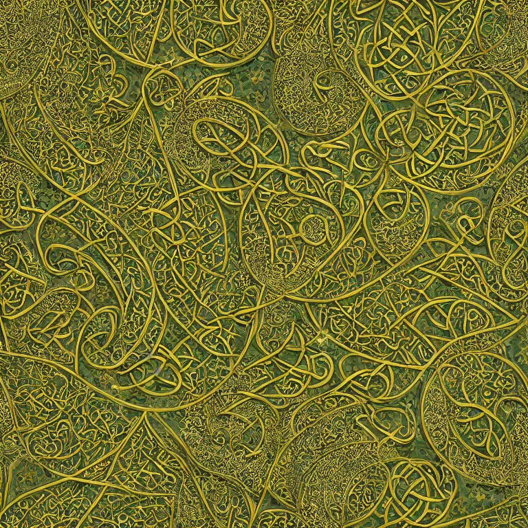 Image similar to medieval celtic arabic ornament with mystic birds and flowers, highly detailed, photorealistic, octan render, 3 d, green and gold, fractal, mandelbrot,