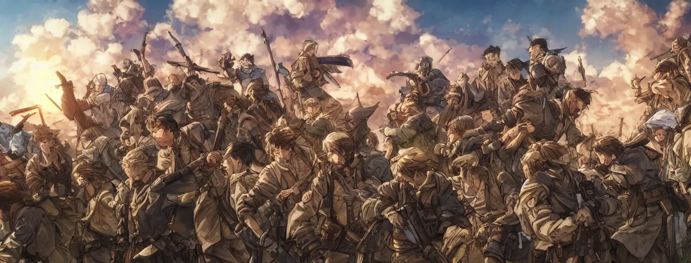 Image similar to calvary soldiers heroic final charge to their deaths. hyperrealistic anime background illustration by kim jung gi, colorful, extremely detailed faces, intricate linework, smooth, super sharp focus, bright colors, high contrast, matte, octopath traveler, studio ghibli, unreal engine 5 highly rendered, global illumination, radiant light