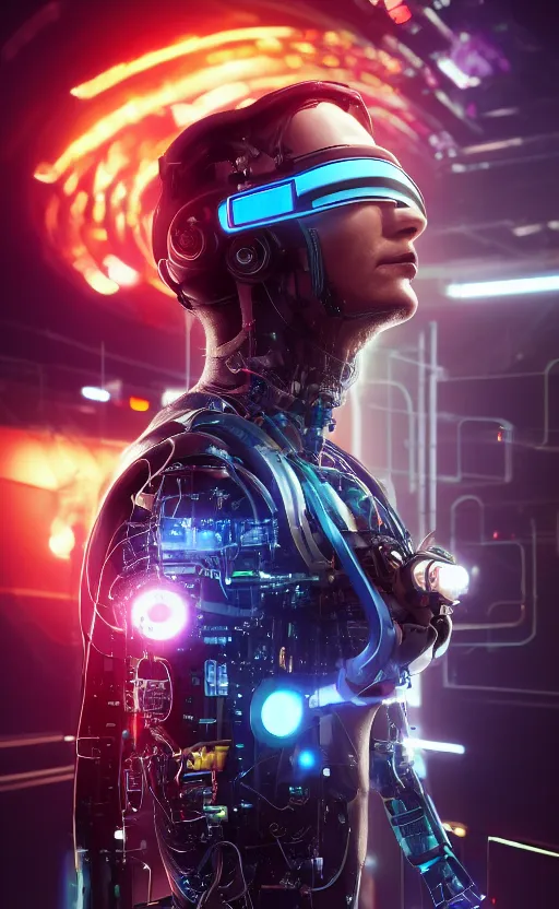 Image similar to a beautiful photo of a middle - aged bionic male cyborg, cyberpunk, circuit boards, electronic components, integrated vr headset, augmented vision, volumetric light, photography, dynamic lighting, color, intricate, extremely detailed, photorealistic, stunning, unreal engine 5